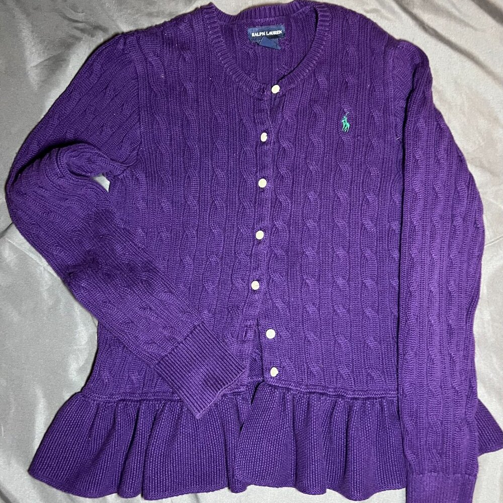 Polo Ralph Lauren Kids cable-knit cotton peplum cardigan in purple